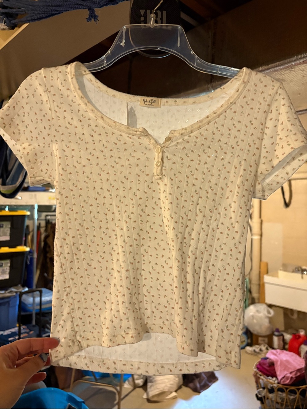 Brandy Melville Cream Short-Sleeve Floral Henley Top